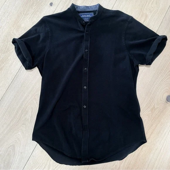 ZARA MAN Slim Fit Madarin Collar Short Sleeve Button Up Size Medium - Picture 9 of 10